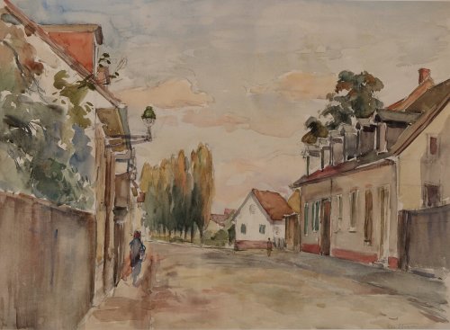 August Kutterer - Dorfstraße mit Häusern, Bäumen und einem Passanten