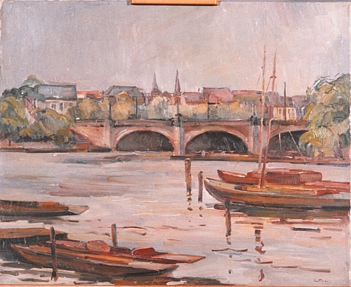 August Kutterer - Flusslauf mit Booten, Brücke und Stadtkulisse, Hamburg, Lombardsbrücke