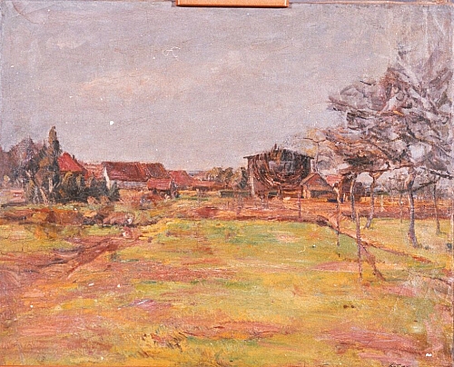 August Kutterer - Beete und Wiesen mit Bauernhäusern im Hintergrund, Gärtnerei Reiß, Daxlanden