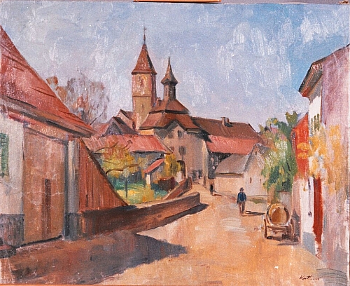 August Kutterer - Dorfstraße mit Bauernhäusern und Kirche, Burkheim