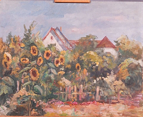 August Kutterer - Blumengarten mit Sonnenblumen und Häusergiebeln im Hintergrund