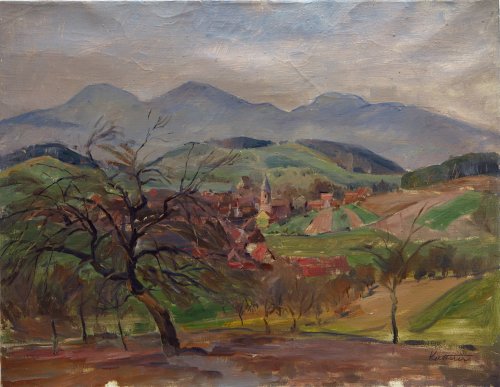 August Kutterer - Felder mit Bäumen und Blick hinab ins Dorf, Birkweiler in der Pfalz