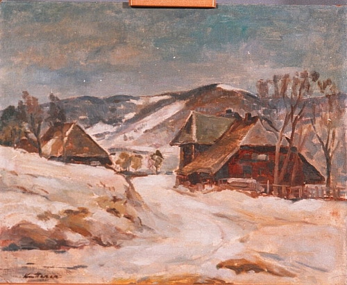 August Kutterer - verschneite Dorfstraße mit Bauernhäusern und Bergen im Hintergrund, Bernau