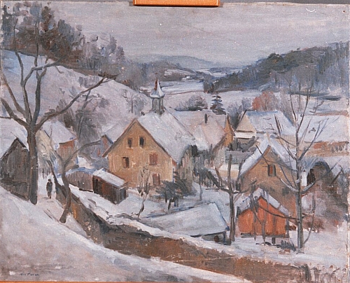 August Kutterer - Blick von Anhöhe auf verschneites Dorf, Herrenwies (Fr. Rastetter)