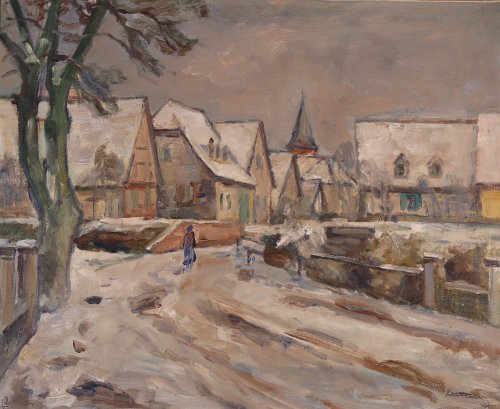 August Kutterer - Straße ins Dorf mit Passantin, Daxlanden, Federbachbrücke - Pfarrstraße