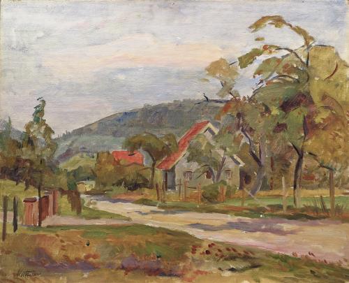 August Kutterer - Feldweg mit Bäumen und Bauernhaus, Herrenwies