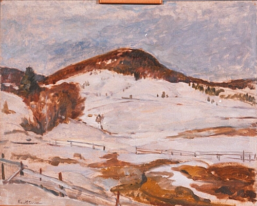 August Kutterer - verschneete Wiesen und Koppeln mit Berg im Hintergrund, Bernau Herzogenhorn