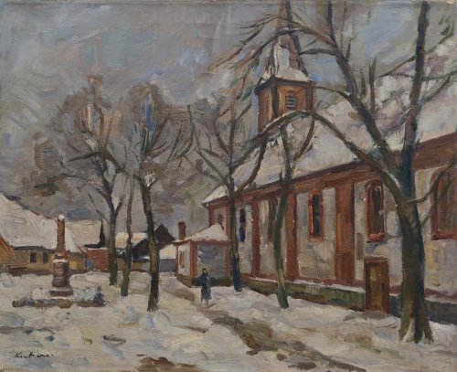 August Kutterer - Kirchenlanghaus mit verschneitem Platz, St. Valentinskirche Daxlanden