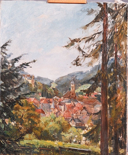 August Kutterer - Blick durch Bäume auf kleine Stadt mit Kirche, Baden-Baden