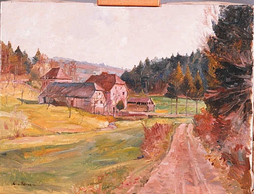 August Kutterer - Feldweg mit kleinem Bach und Mühlgebäuden, Schöllbronner Mühle im Moosalbtal