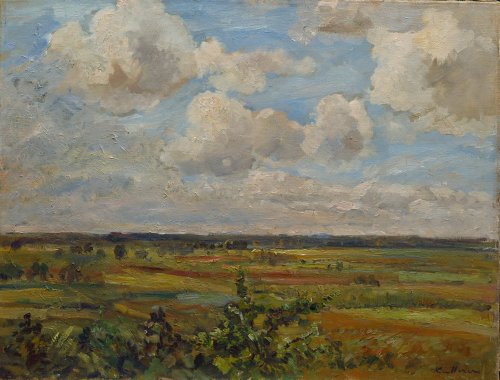 August Kutterer - weite Landschaft mit Feldern, Wiesen und Seen, Rheinebene