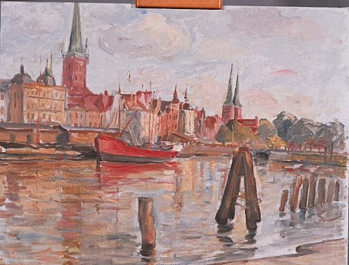 August Kutterer - Flussufer mit Häusern und angelegten Booten, Lübeck