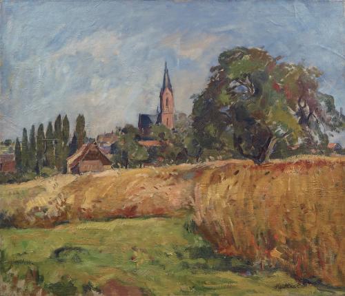 August Kutterer - Kornfeld im Sommer mit Dorf im Hintergrund