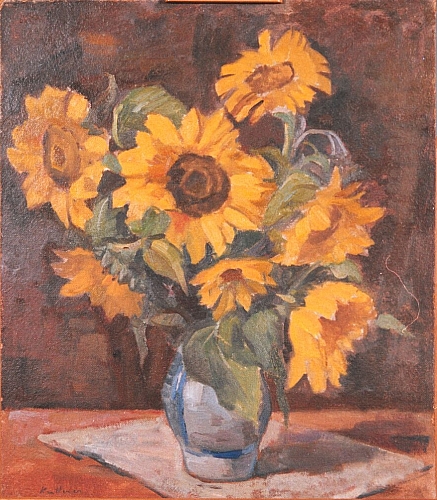 August Kutterer - Stilleben mit Vase mit Sonnenblumen auf kleiner Decke