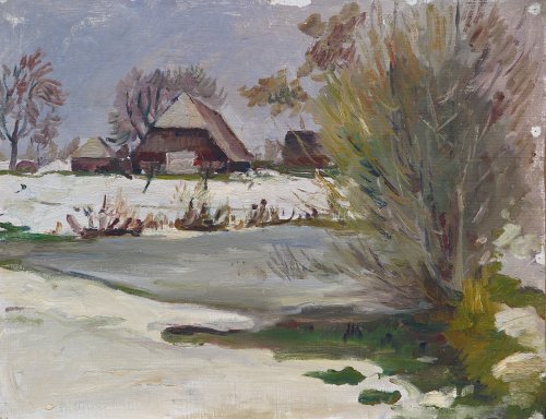 August Kutterer - Winterlandschaft mit Bauernhäusern an kleinem See