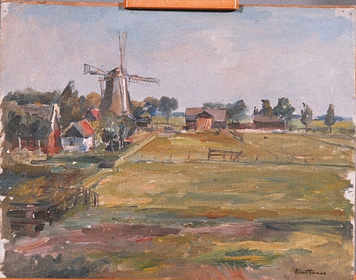 August Kutterer - Landschaft mit Windmühle und Bauernhof Holland