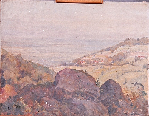 August Kutterer - aufgeworfene Felsbrocken im Vordergrund dahinter Blick in weites Tal, Rheinebene