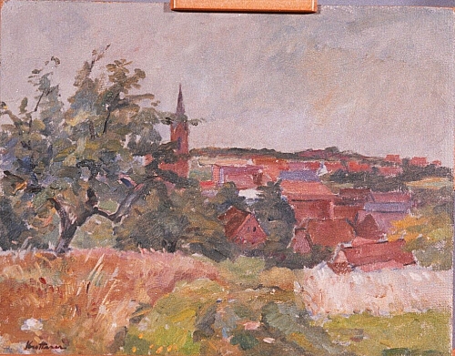 August Kutterer - Blick von kleiner Anhöhe vorbei an Bäumen auf Dorf