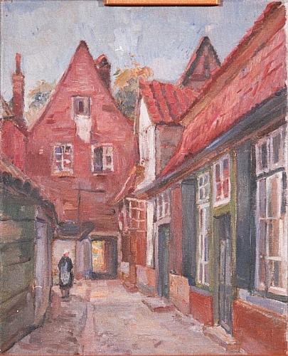 August Kutterer - Schmale Straße mit kleinen Ziegelgedeckten Häusern und rotem Anstrich, Holland