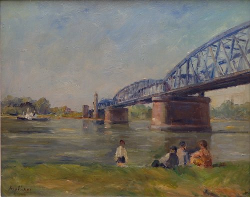 August Kutterer - Rheinbrücke mit vorbei fahrendem Dampfer und Menschen am Ufer