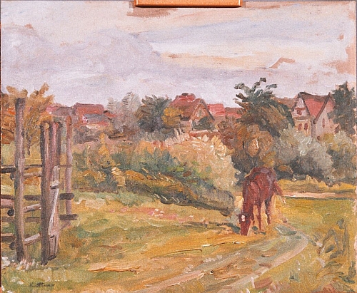 August Kutterer - Koppel mit Fohlen, Dorflandschaft im Hintergrund