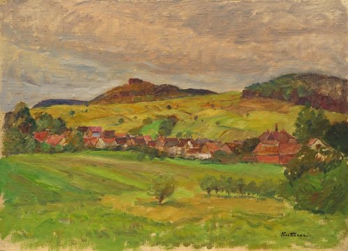 August Kutterer - weite Felder und Wiesenlandschaft mit Hügel und eingebettetem Dorf