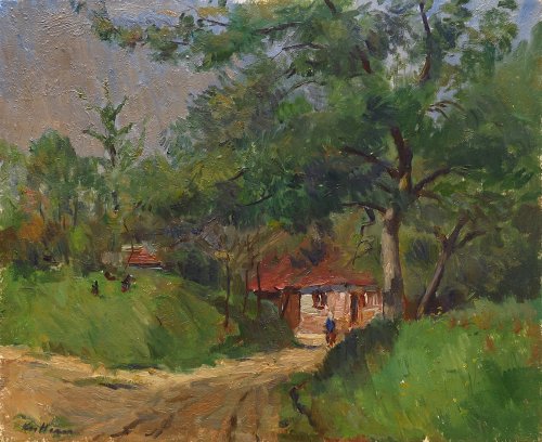 August Kutterer - Feldweg an Bäumen und Wiesen zu kleinen Häusern