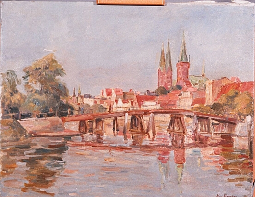 August Kutterer - Fluss mit Bogenbrücke und Stadtkulisse im Hintergrund, Lübeck