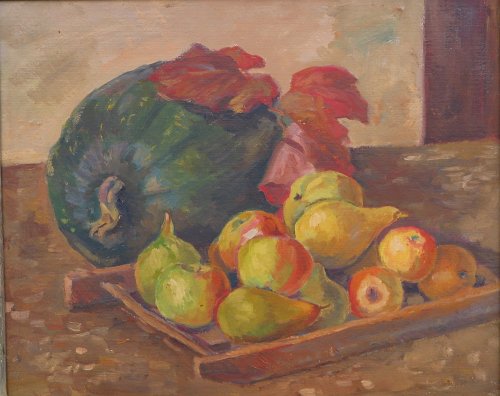 August Kutterer - Stilleben mit Kürbis, Äpfel und Birnen auf brauner Tischplatte