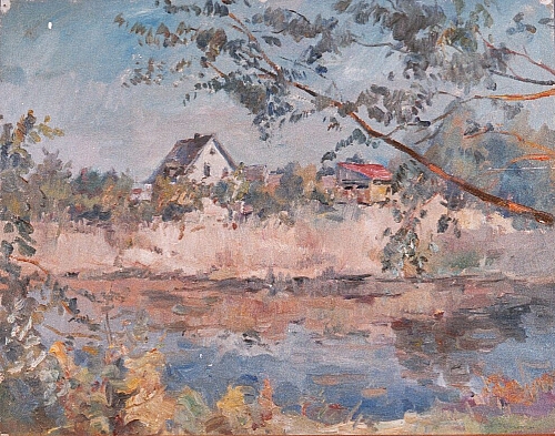 August Kutterer - Landschaft mit Gewässer und Häusern im Hintergrund, Daxlanden (Frau Rastetter)