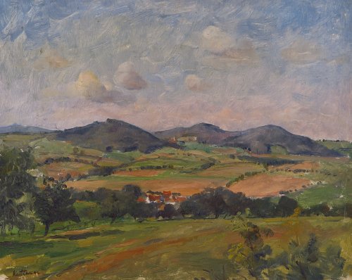 August Kutterer - weite Landschaft mit Hügelkette, Schwäbische Alb
