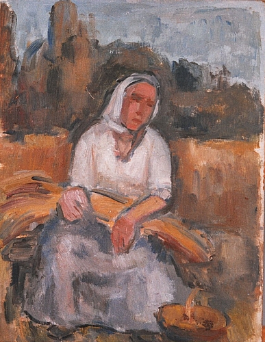 August Kutterer - Bäuerin sitzend mit Strohbündel auf den Knien