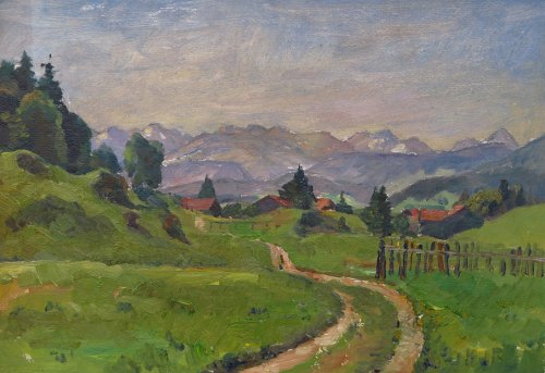 August Kutterer - Landschaft mit Feldweg, kleinem Dorf und Bergen, Illertal