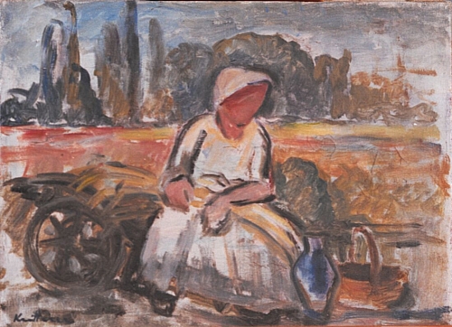 August Kutterer - Frau am Feldrand auf Karren sitzend mit Kanne und Korb