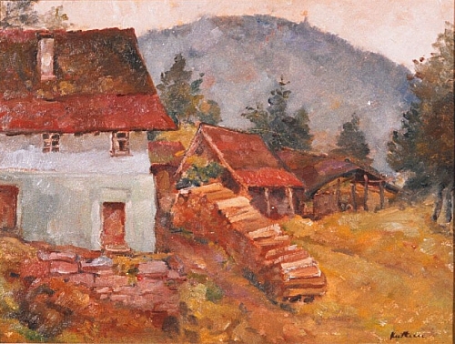 August Kutterer - Bauerhaus mit Holzhaufen und Berg im Hintergrund, Glashütte