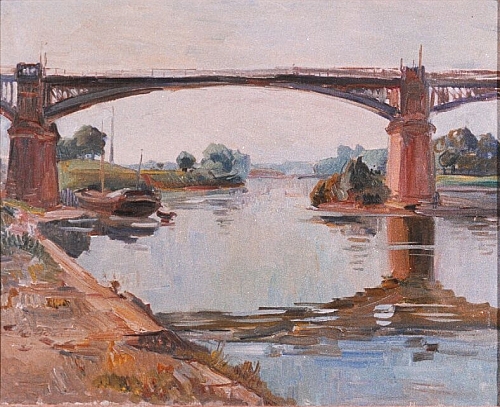 August Kutterer - breiter Flusslauf mit Pfeilerbrücke