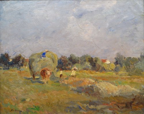 August Kutterer - Bauern bei der Heuernte mit Kuh vor Heukarren