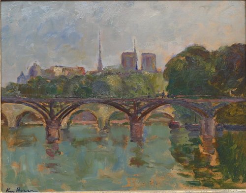 August Kutterer - Flusslauf mit großer Brücke, Bäume und Häuser am Ufer, Paris