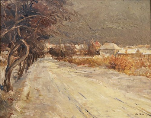 August Kutterer - Feldweg an Bäumen und Sträuchern, Häuser im Hintergrund, Daxlanden, Saumseen