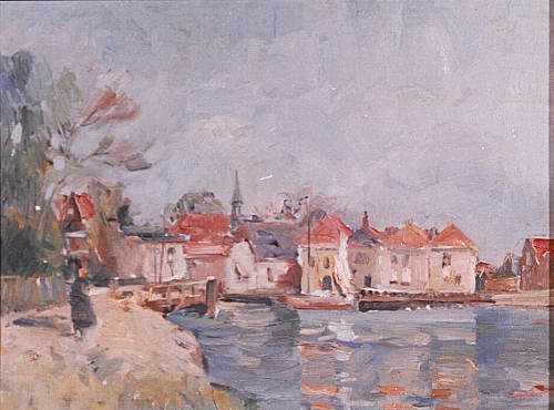 August Kutterer - Gewässer mit Spazierweg mit Passantin, Kai mit Häusern am Hintergrund