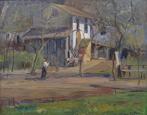 August Kutterer - Straße mit Eingang zu einem Bauernhaus mit Passant