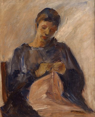 August Kutterer - Portrait einer Frau auf einem Stuhl sitzend und nähend, Elise Kutterer