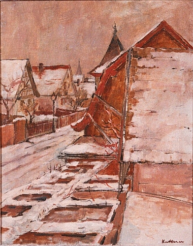 August Kutterer - verschneite Dorfstraße, Daxlanden, aus Fenster Vorderstraße 14 (Blick nach West)
