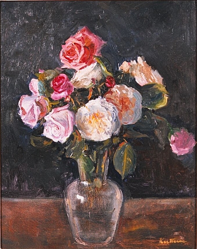 August Kutterer - Stilleben mit Glasvase mit rosa und weißen Rosen