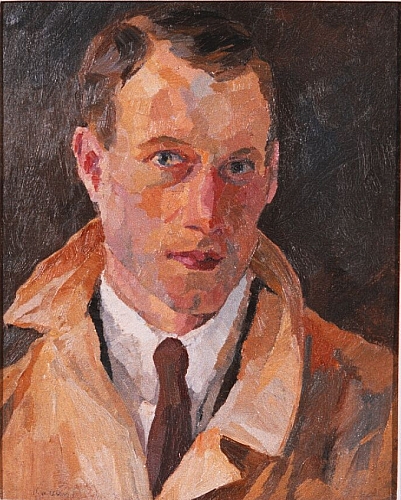 August Kutterer - Selbstbildnis mit Hemd und Krawatte im Mantel mit hochgeschlagenem Kragen
