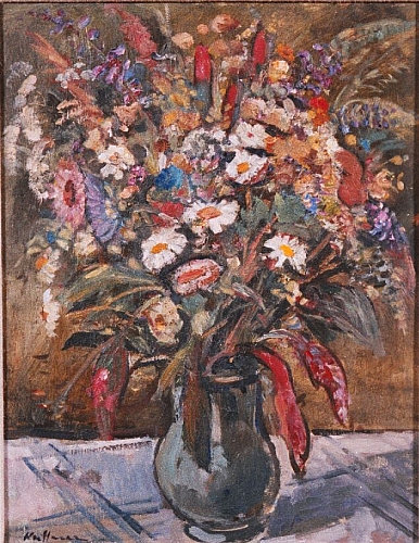 August Kutterer - Stilleben mit Vase gefüllt mit Feldblumen auf Tisch mit Tischtuch