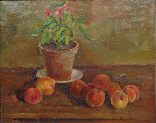 August Kutterer - Stilleben mit Topfpflanze und Pfirsichen