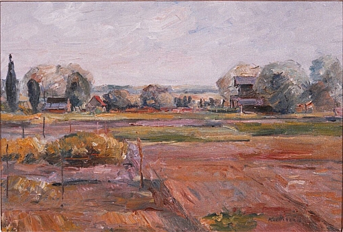 August Kutterer - Felder und Beete mit Bauernhäusern im Hintergrund, Daxlanden, Gärtnerei Reiß
