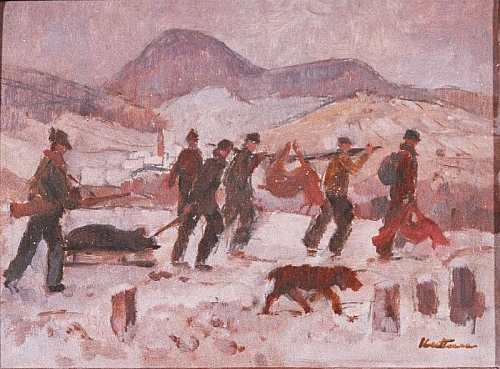 August Kutterer - Jäger mit erlegtem Wild und Hunden in verschneiter Berglandschaft
