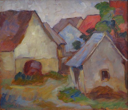 August Kutterer - Dorfstraße mit Bauernhäusern